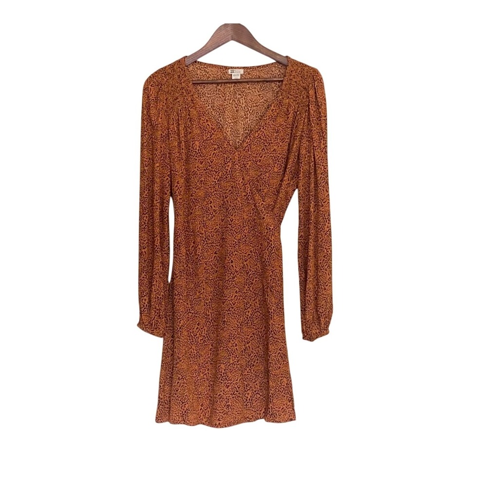 Billabong Womens Rust Orange Leopard Print Smocked Long Sleeve Wrap Mini Dress L